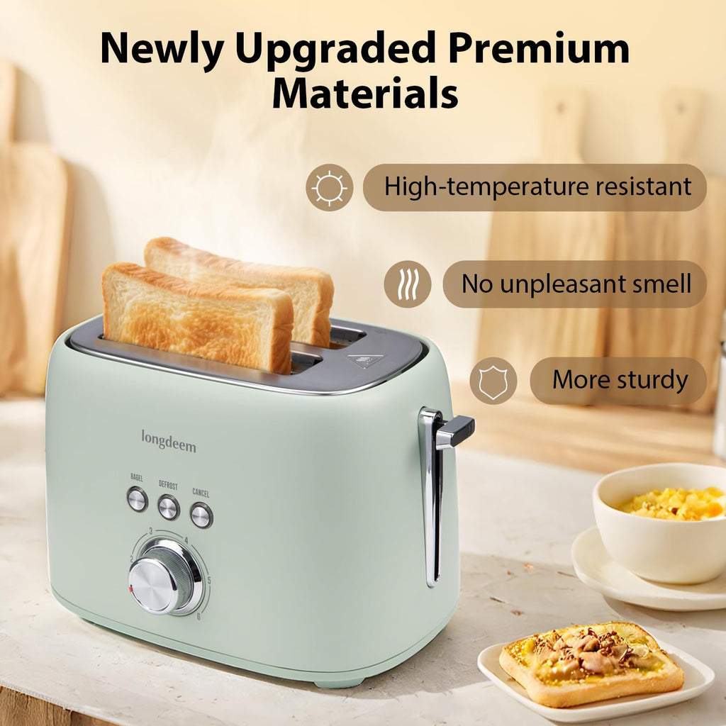 2 Slice Toaster - Stainless Steel, 1.5" Extra Wide Slots, 6 Browning Settings, Bagel/Defrost/Cancel Modes, Green