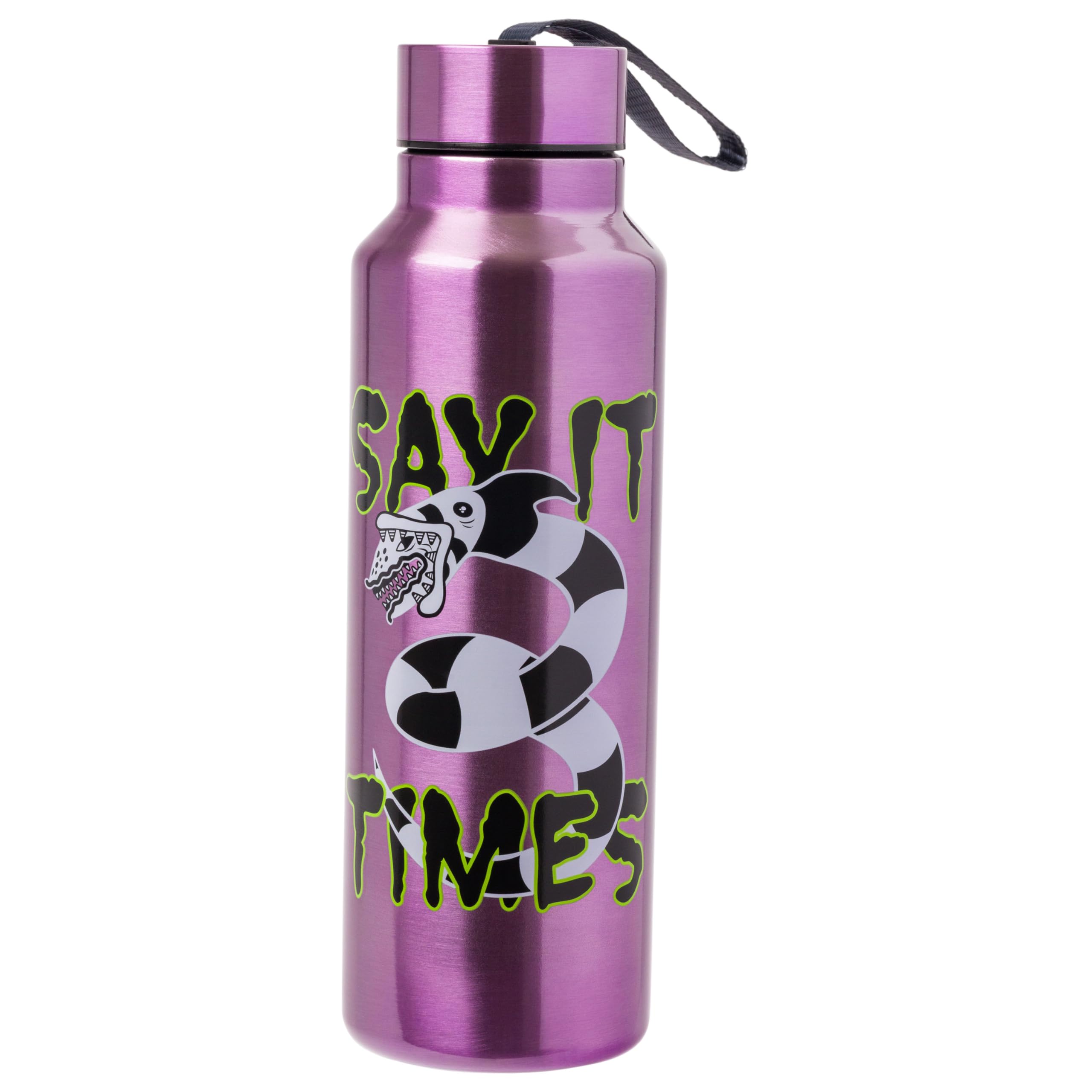 Silver Buffalo Beetlejuice “Say it Three Times” Featuring Sandworm Stainless Steel Water Bottle with Strap, 27 Ounces