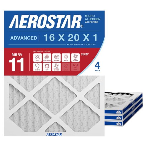 Aerostar 16x20x1 MERV 11 Pleated HVAC Filters - 4 Count | Removes Dust, Germs & Allergens