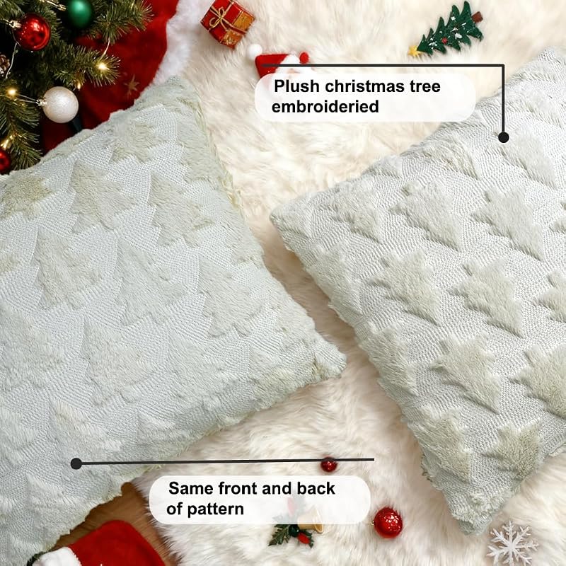 Booque Valley 2 Pack Beige Christmas Tree Pillow Covers 20x20 inches - Fuzzy Wool Embroidered 3D Pine Tree