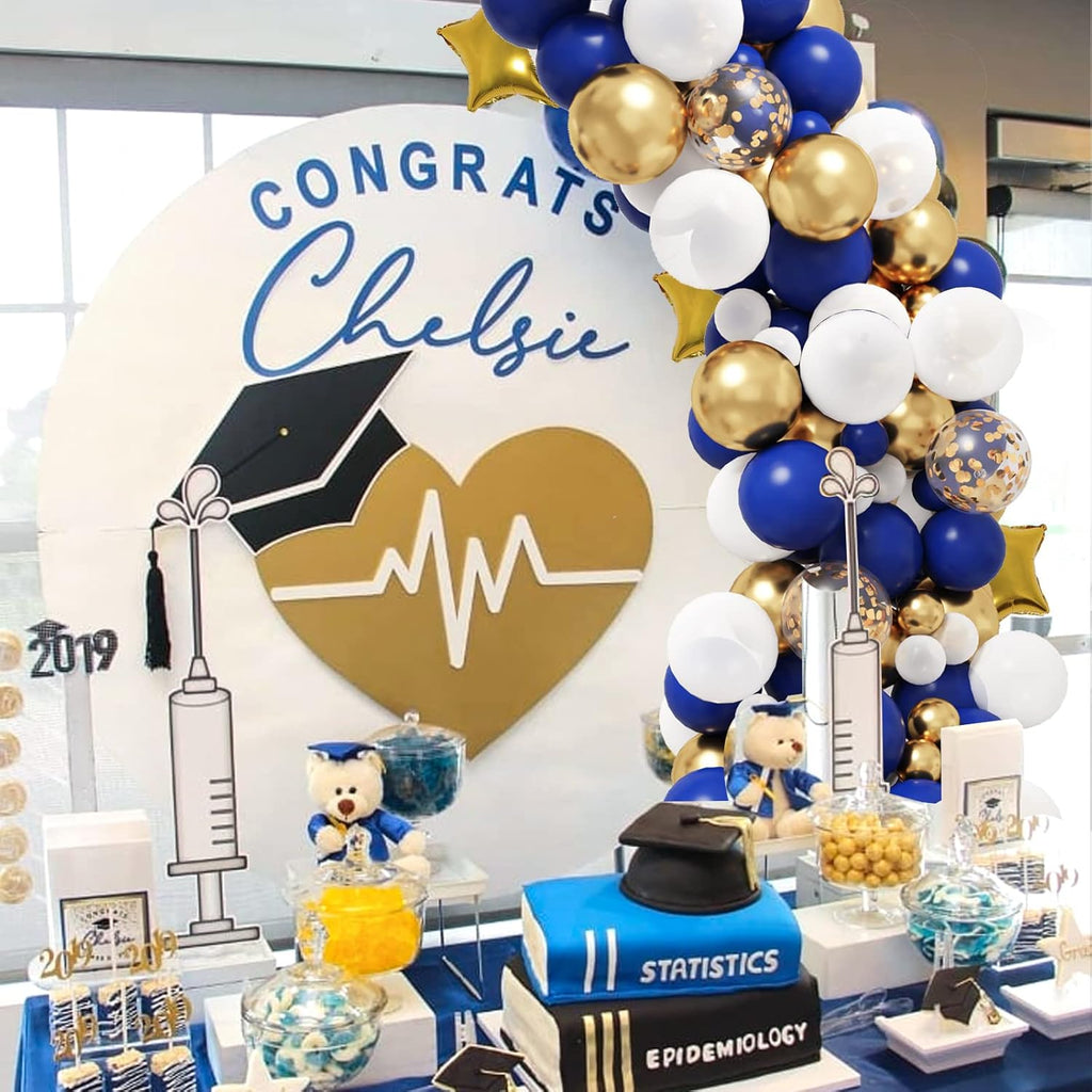 RUBFAC Royal Blue Gold Balloon Garland Arch Kit - Metallic & Star Foil Balloons for Parties