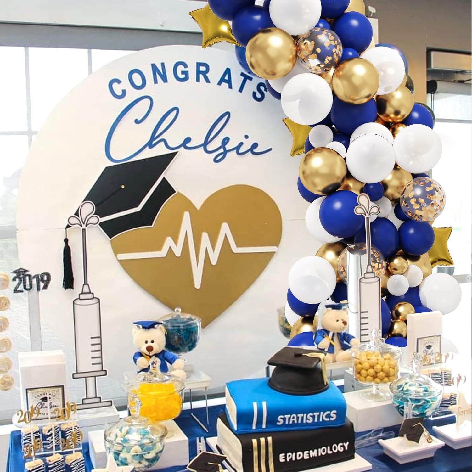 RUBFAC Royal Blue Gold Balloon Garland Arch Kit - Metallic & Star Foil Balloons for Parties