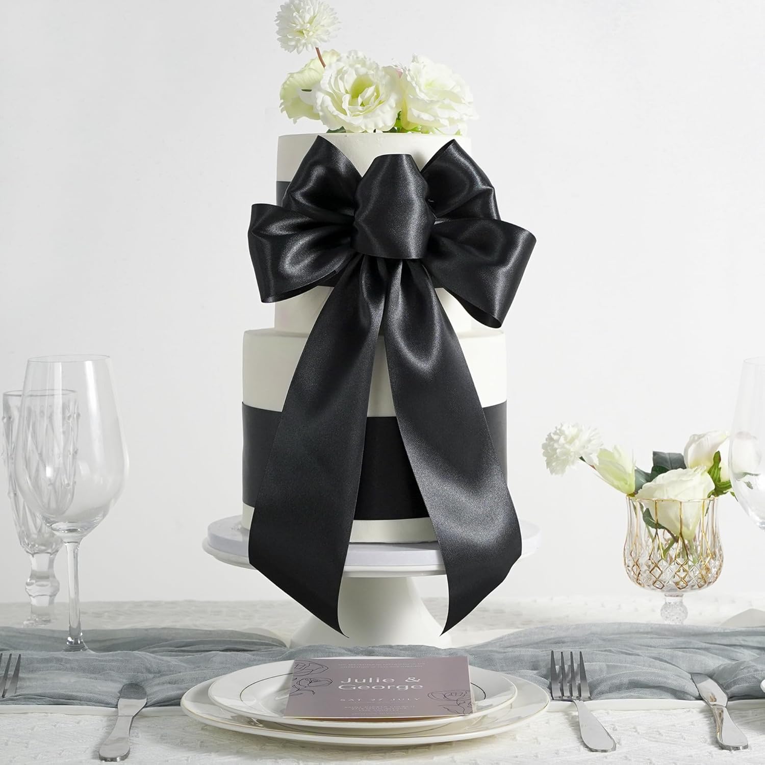 MEEDEE Black Satin Ribbon - Luxurious Double-Faced 3 Inch Wide | 10 Yards for Christmas & Halloween Decor