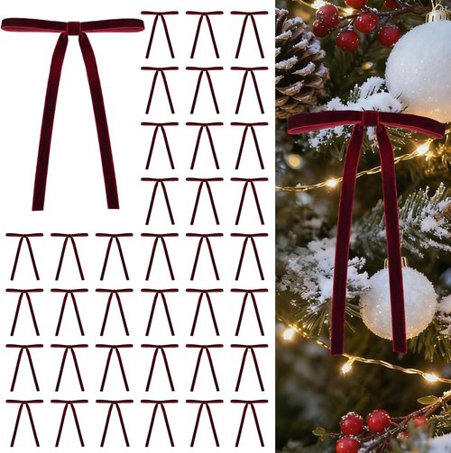 HEAEUNK Burgundy Velvet Christmas Tree Bows - 40 Pack for Holiday Decor | 5"x7" Size
