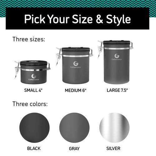 Coffee Gator Coffee Canister, 2pack 22oz Airtight Stainless Steel Kitchen Food Storage Container with Date Tracker, Scoop for Sugar, Grounds, Beans,Tea, Cereal, Flour, Cookies Jars - Gray&Silver