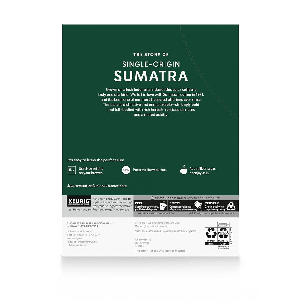 Starbucks K-Cup Coffee Pods - Dark Roast Sumatra Blend | 100% Arabica | 96 Pods (4 Boxes)