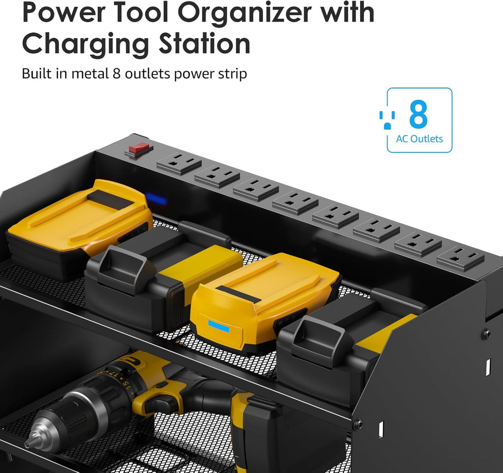 CCCEI Modular Power Tool Organizer - Wall Mount Charging Station with 8 Plug Power Strip | Heavy Duty Black Metal Shelf for 6 Drills & Utility Storage