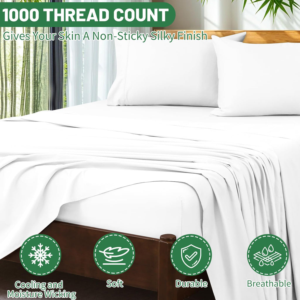 Overket Extra Deep Pocket King Sheets 18-24 Inch 100% Egyptian Cotton 1000 Thread Count Sateen Weave Soft Breathable 4 Pieces（King，White）