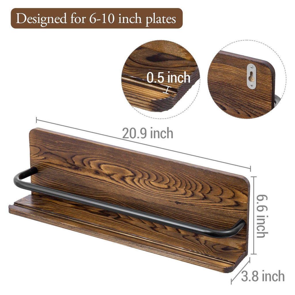 MyGift Plate Wall Hangers for Display, Set of 3 Wall Mounted Plate Rack for 6 to 10 Inch Plates, Decorative Wood Stand Shelf and Black Metal Rack Decor Hangers