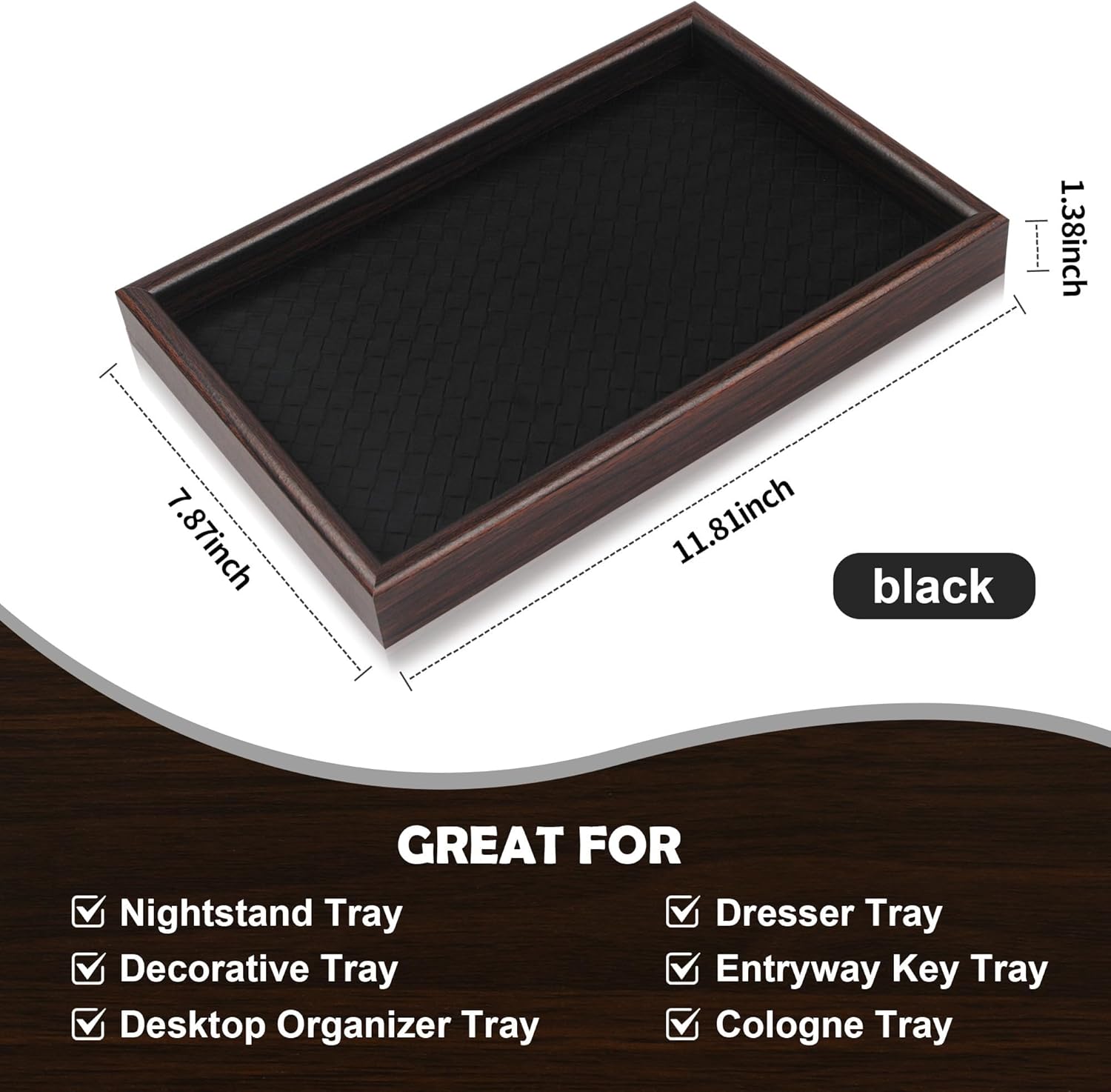 Zosenley Wooden Valet Tray - Stylish Leather Base Nightstand Organizer for Keys, Wallet, Phone & Jewelry (Black)