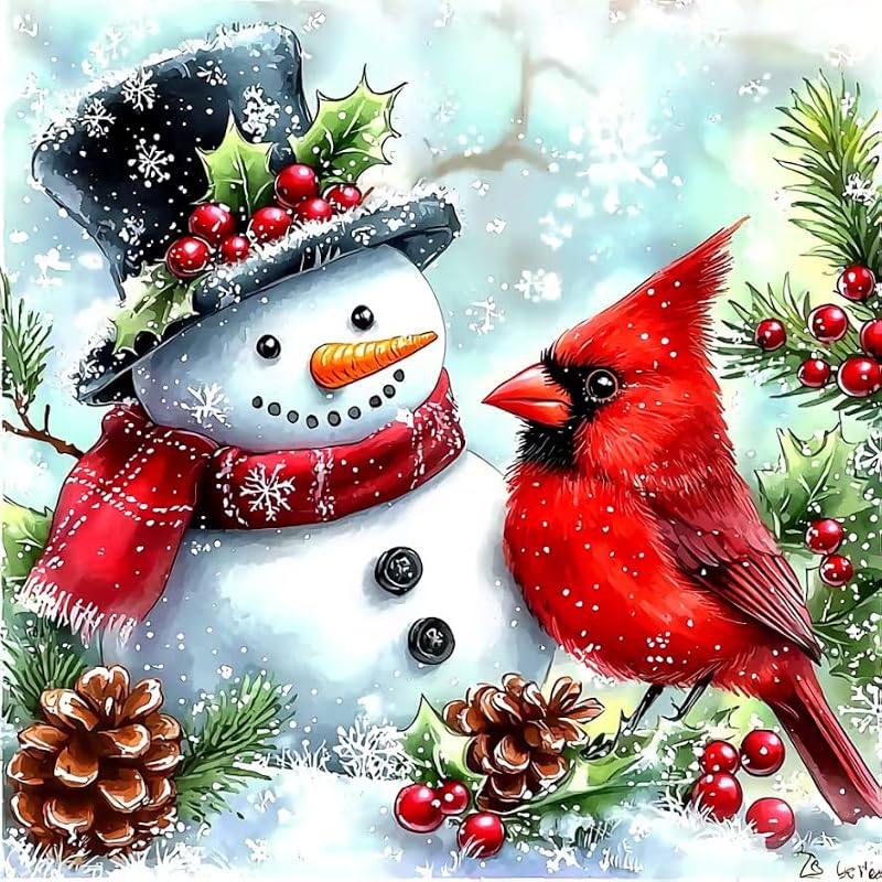 Cardinal & Snowman 5D Diamond Painting Kit for Adults 14x14 Inch Winter Craft