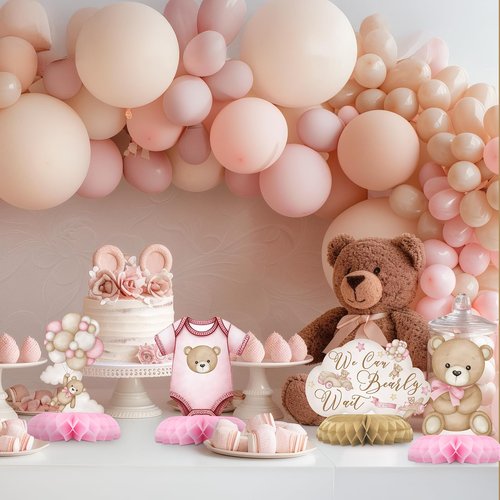 Pink Bear Party Centerpiece Set - Girl Teddy Bear Honeycomb Birthday Decorations and Bear Table Toppers for Kids' Bear-Themed Birthday and Baby Shower Table Decor