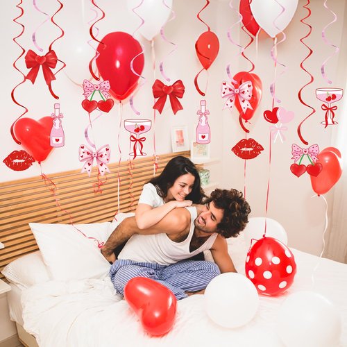 K KUMEED 20 Pcs Valentine's Day Party Decorations,Glitter Heart Cherry Bow Hanging Swirls,Red Pink Valentines Day Party Supplies Home Classroom Office Wedding Party Anniversary