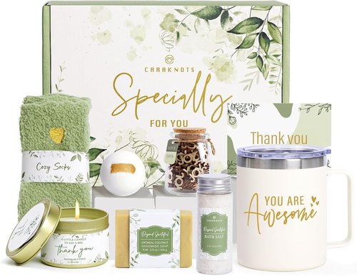 CARAKNOTS Thank You Gift Basket - Sage Green Spa Set with 12oz Mug & Joy Jar for Women, Teachers & Friends