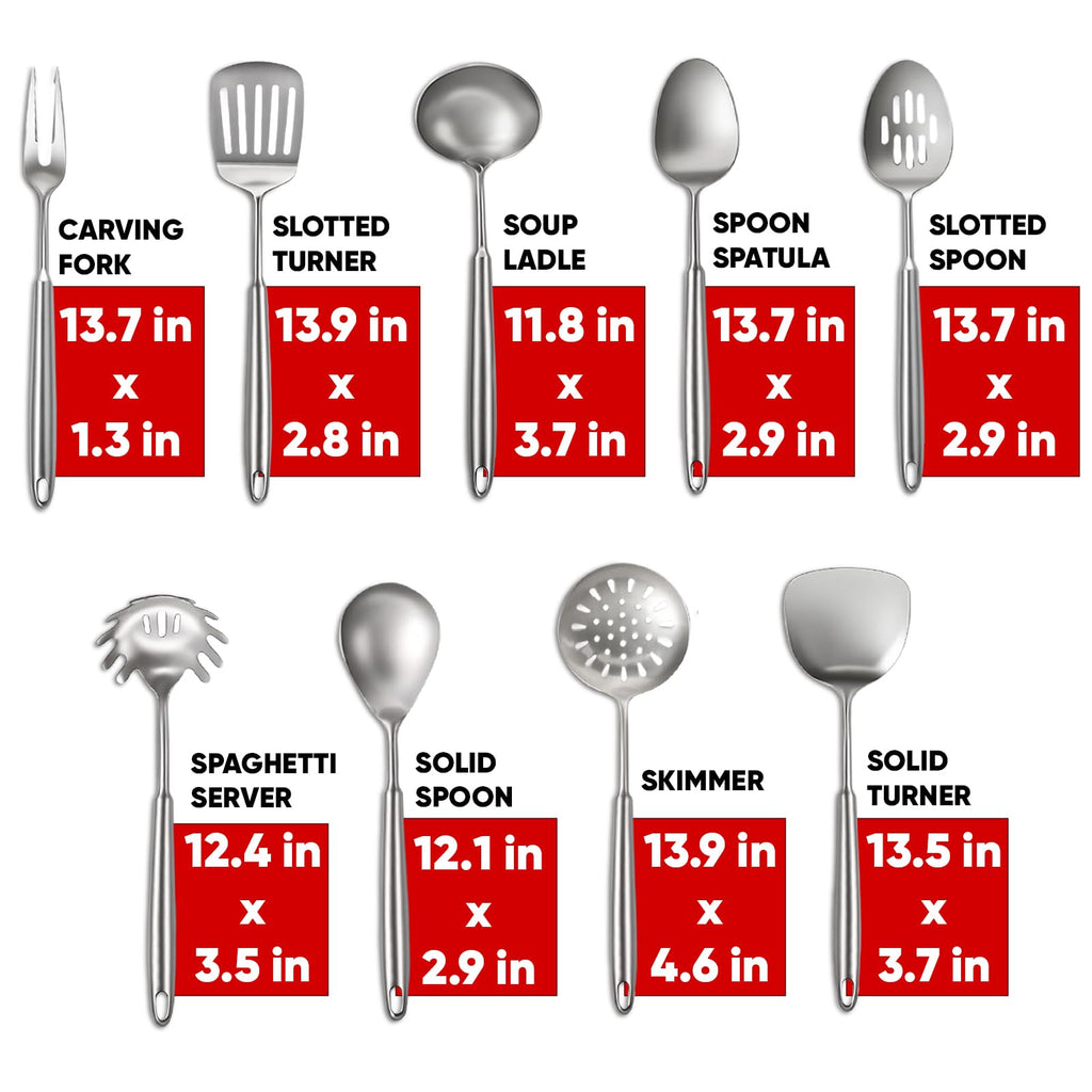 Newness 9 Pcs Cooking Utensils Set, 304 Stainless Steel Kitchen Utensils Set, Metal Kitchen Accessories, Include Soup Ladle, Slotted Skimmer Spoon, Spaghetti Spoon and Spatula, Dishwasher Safe (Short)