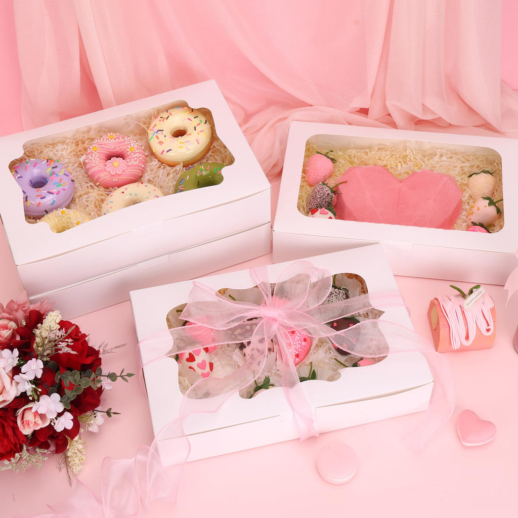 TOMNK 80pcs Cookie Boxes with Window, 12x8x2.5 Inches 4 Style Bakery Boxes, Large White Treat Containers for Chocolate Strawberries, Cakes, Donuts, Muffins and Pastries