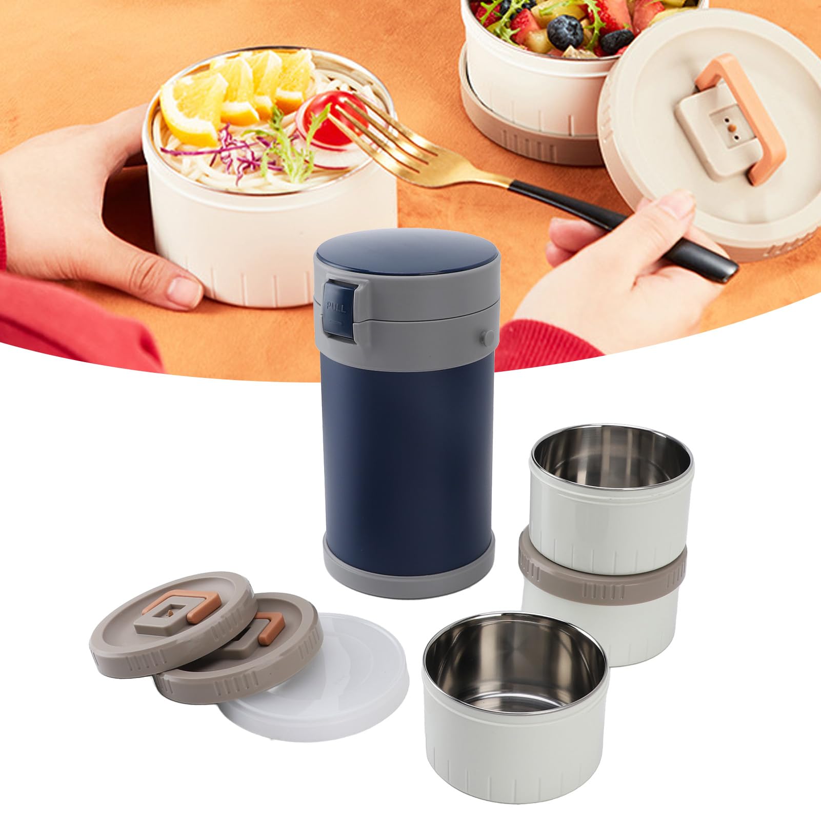 Pssopp Insulated Food Jar 3 Tier Compact Design Microwave Stainless Steel Thermal Lunch Box for Hot Food Soup and More (Blue)