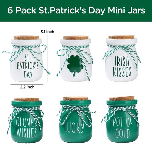 FunouHome St. Patrick's Day Decorations - 6PCS Mini Glass Jars - Farmhouse St. Patrick's Day Decor for Home, Kitchen, Table, Fireplace Mantel