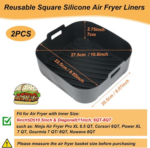 BYKITCHEN 9-Inch Square Silicone Air Fryer Liners - Set of 2, Reusable Tray Inserts for 6 to 8QT Air Fryers