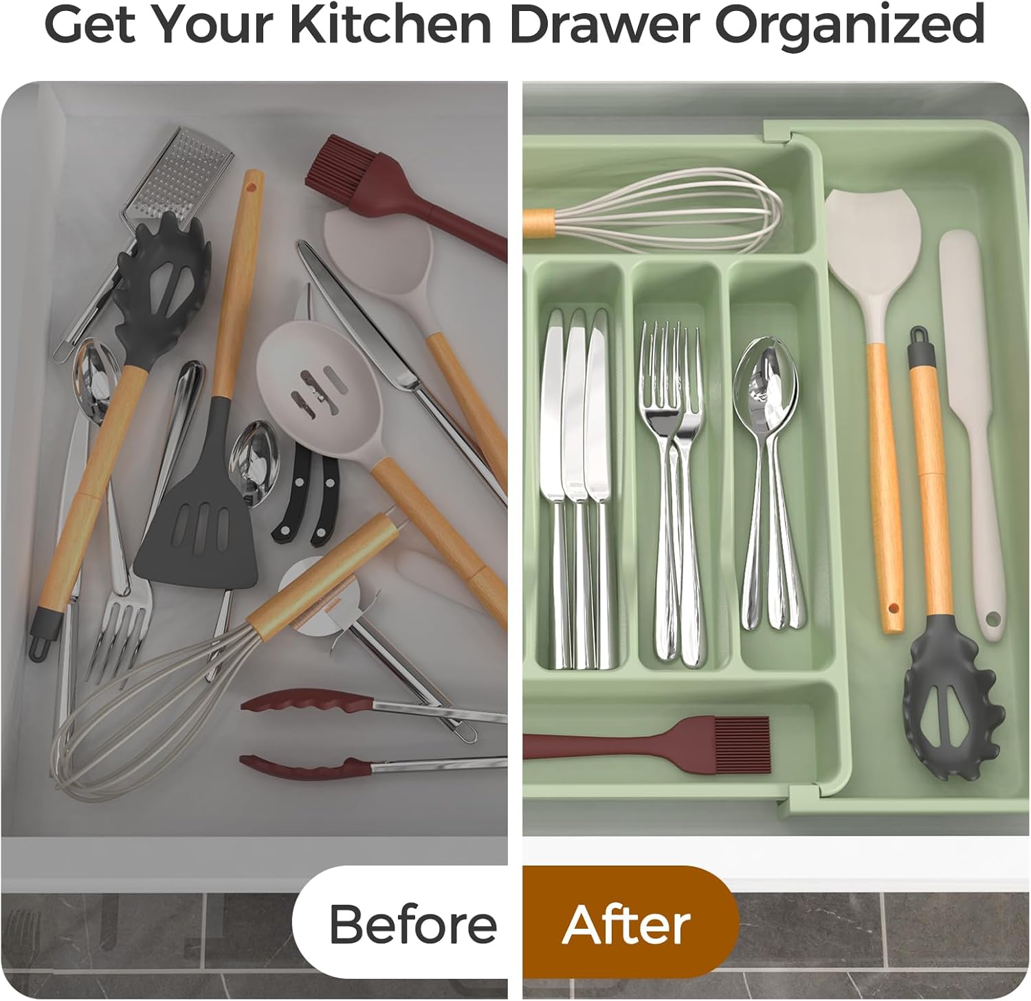 Ukeetap Extra Large Expandable Silverware Organizer - BPA-Free Cutlery Holder for Kitchen Drawers | Green