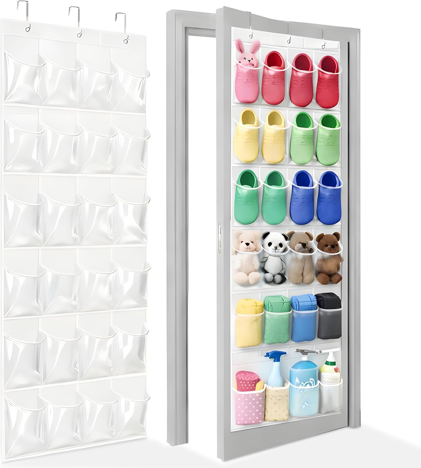 Over The Door Shoe Organizer - 24 Clear Pockets & Metal Hooks | Heavy Duty Space-Saving Storage (White)