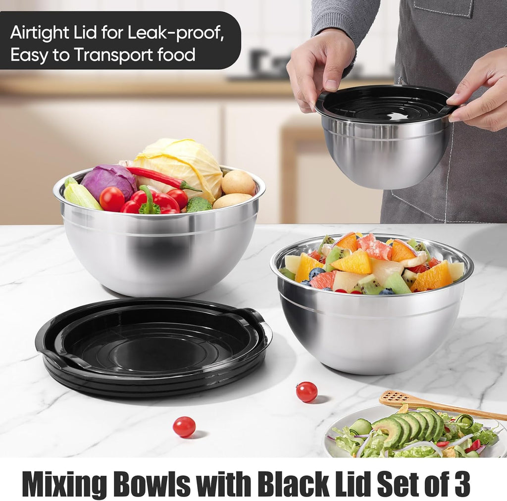 P&P CHEF Mixing Bowls Set - 3 Stainless Steel Bowls with Lids | Airtight & Stackable, 4.6/3/1.5 QT