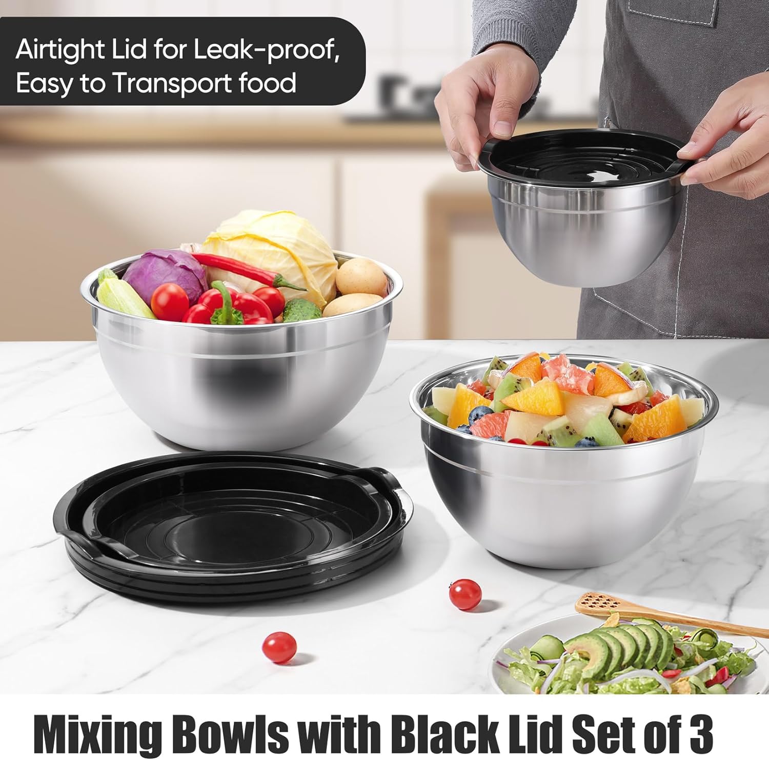 P&P CHEF Mixing Bowls Set - 3 Stainless Steel Bowls with Lids | Airtight & Stackable, 4.6/3/1.5 QT