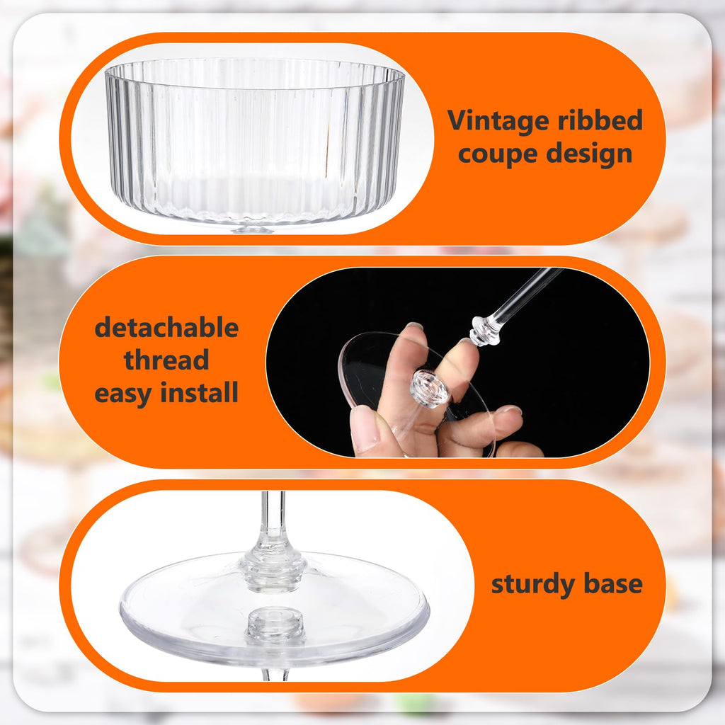 Jingmore 48 Pcs Ribbed Martini Glasses 10 oz Disposable Plastic Vintage Ribbed Coupe Glasses Unbreakable Dessert Parfait Glassware for Wedding Birthday Party Supplies (Clear)