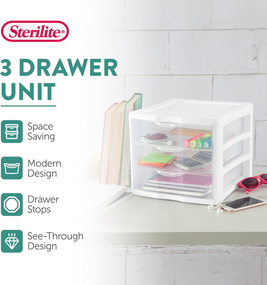 Sterilite ClearView Compact Stacking Drawer Organizer System - 3 Drawers, 8 Pack for Efficient Storage