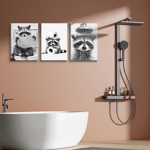 DCMVJHZV Funny Bathroom Wall Art - Cute Raccoon Canvas Prints | Modern Black & White Decor (12"x16", 3 Pcs)