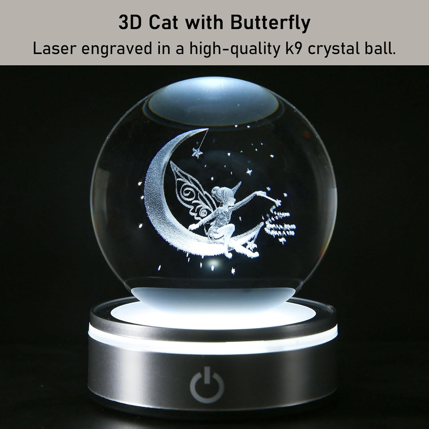 3D Crystal Ball Moon Decor Light - Laser Engraved Glass Sphere Fairy Gift for Women & Girls | 80mm