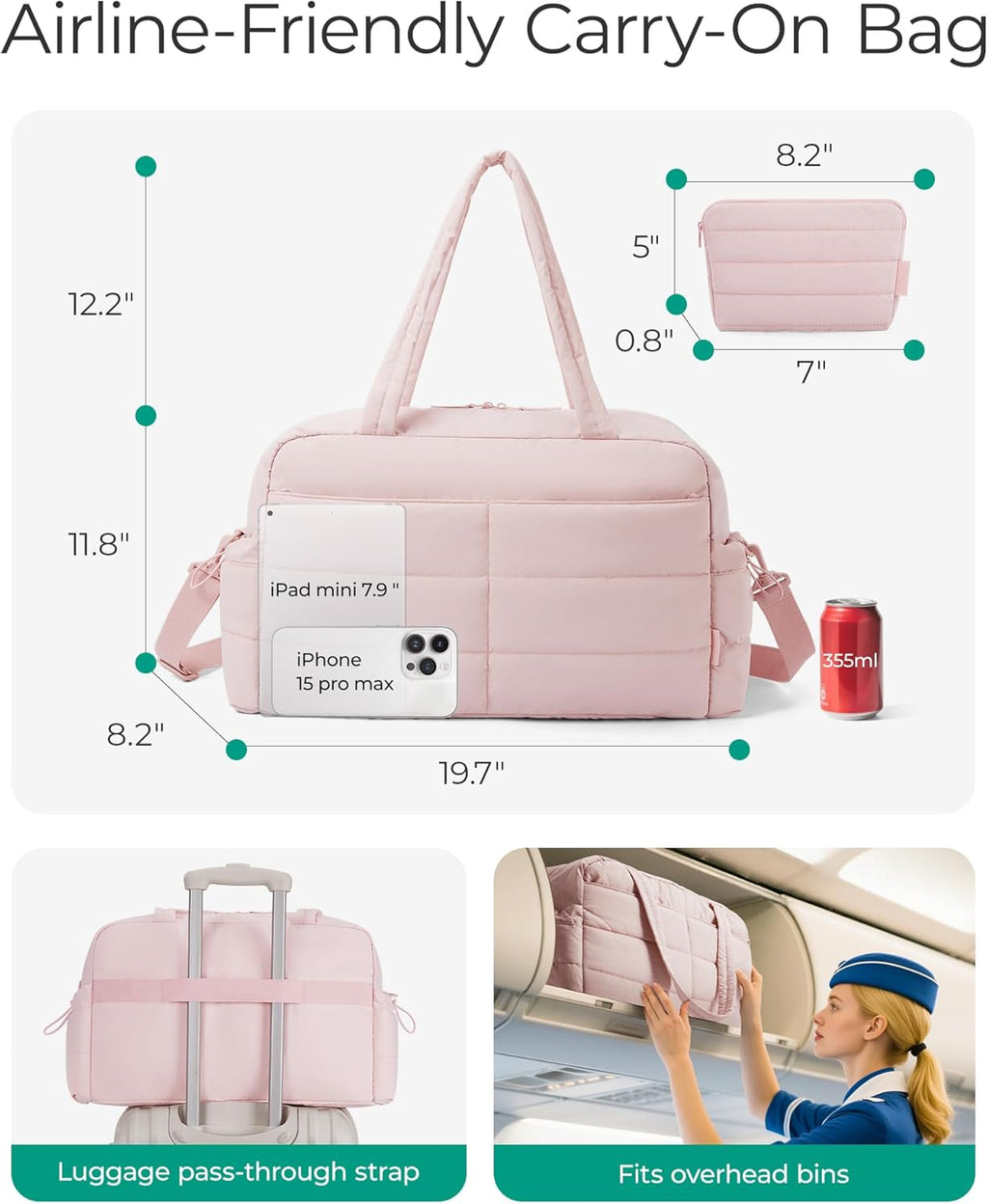 BAGSMART Lightweight Puffer Gym Bag - 31L Quilted Duffle for Travel & Gym | Water-Resistant Pink