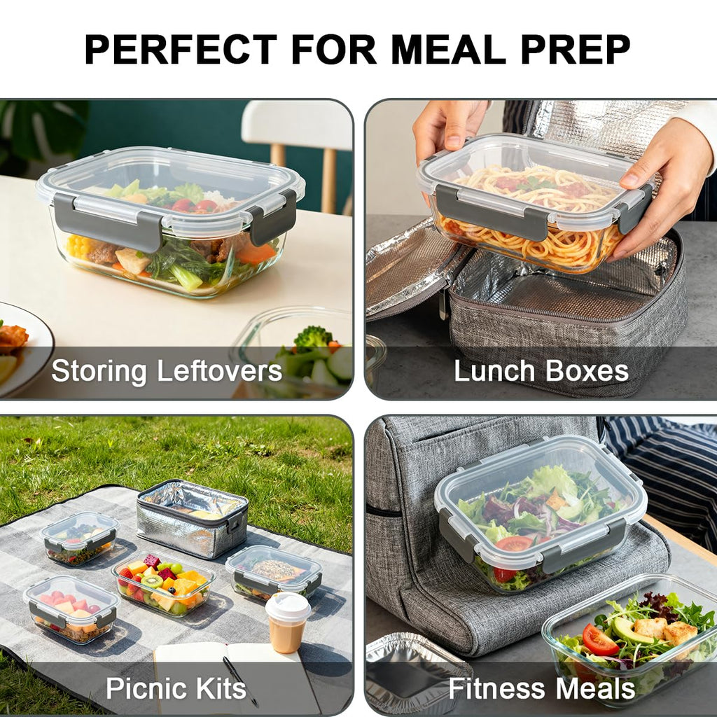 KAMOTA Glass Food Storage Containers, 10 Pack Glass Meal Prep Containers, Airtight Containers with Snap-Lock Lids, 22 oz Grey Container Set with Lids, for Microwave/Oven/Freezer/Dishwasher