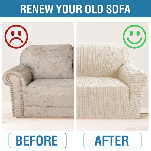 H.VERSAILTEX Sofa Cover 1 Piece Stretch Sofa Slipcovers Non Slip Sofa Cover with Elastic Bottom Washable for Kids, Pets Upgrade Thick Jacquard Fabric with Spiral Pattern(75"-85", Ivory)