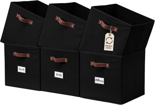 DECOMOMO Storage Bins - Fabric Cube Storage Bins with Labels | 10.5" x 11" - Set of 6, Black