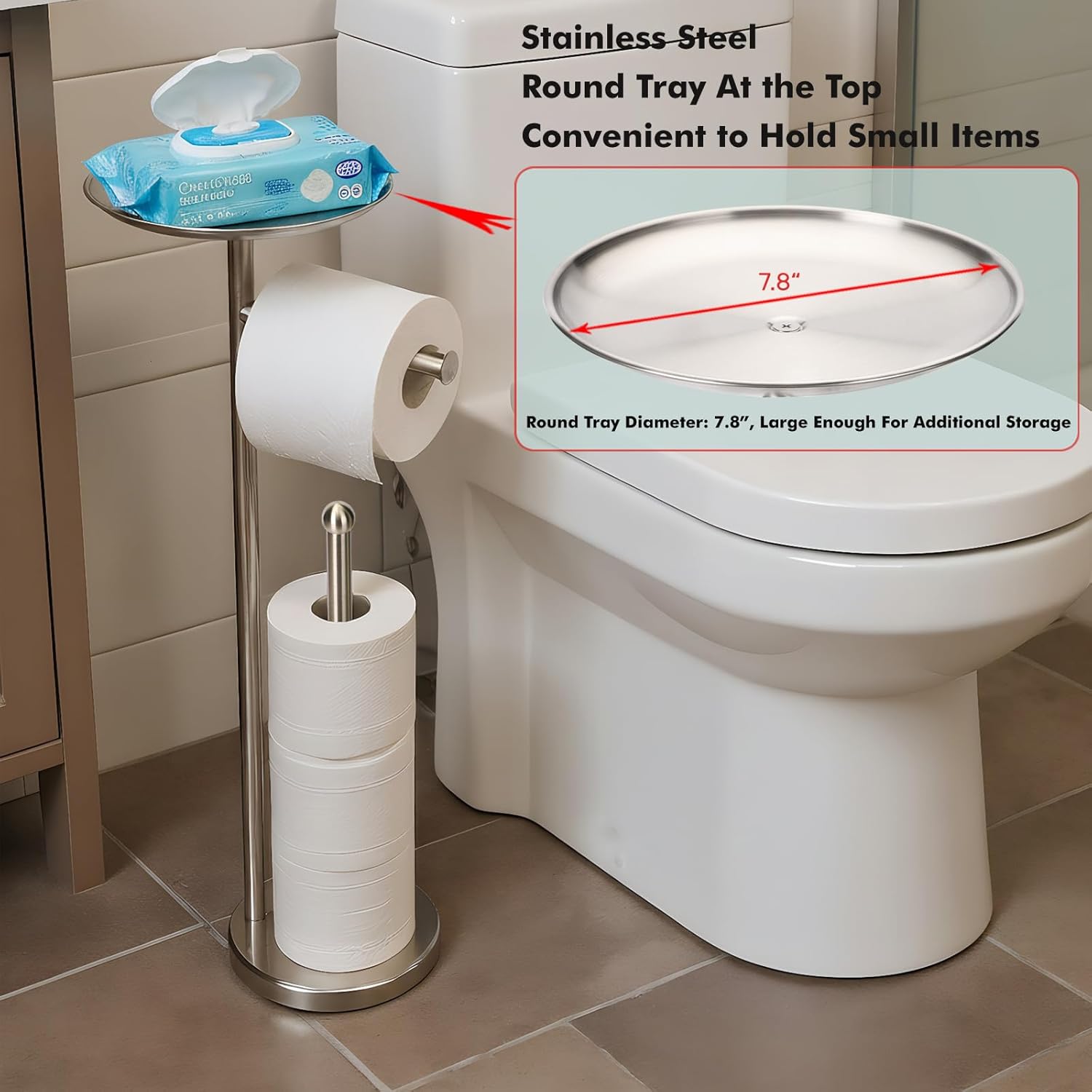 Skiennix Freestanding Toilet Paper Holder - Stylish Storage Stand for 4 Extra Rolls | Brushed Nickel Finish
