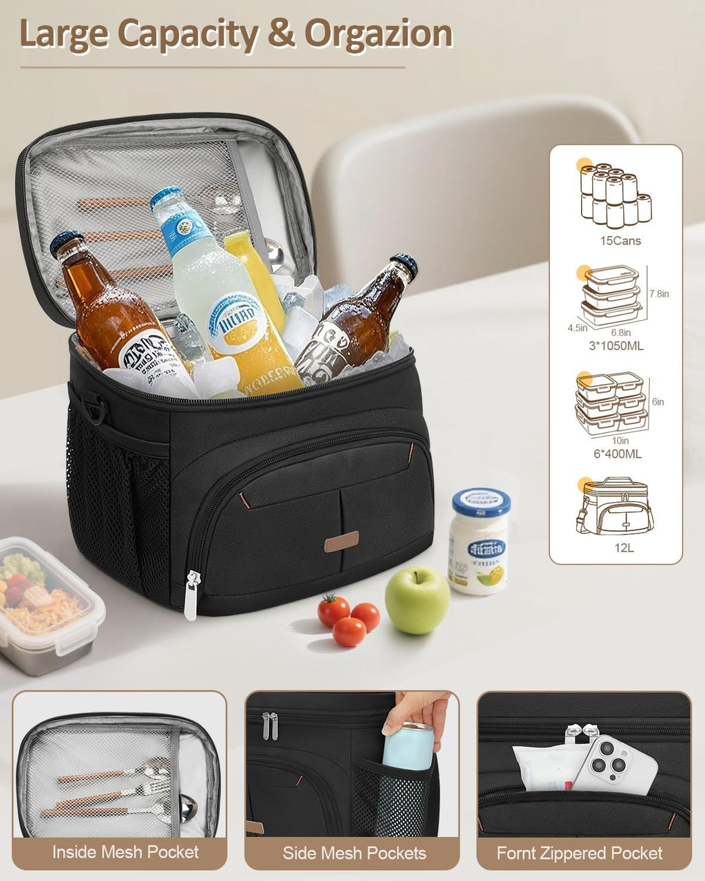 Pritent Insulated Lunch Box - Leakproof Cooler Bag with Removable Strap | Black, 12L Size
