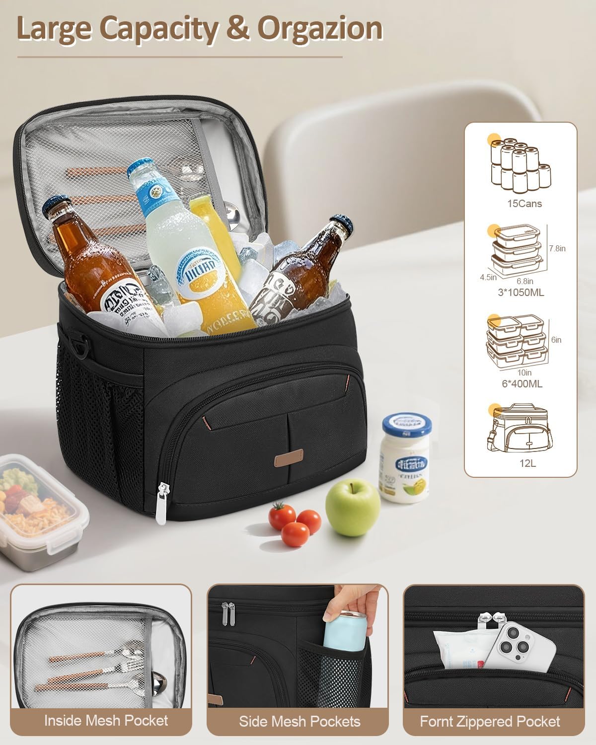 Pritent Insulated Lunch Box - Leakproof Cooler Bag with Removable Strap | Black, 12L Size