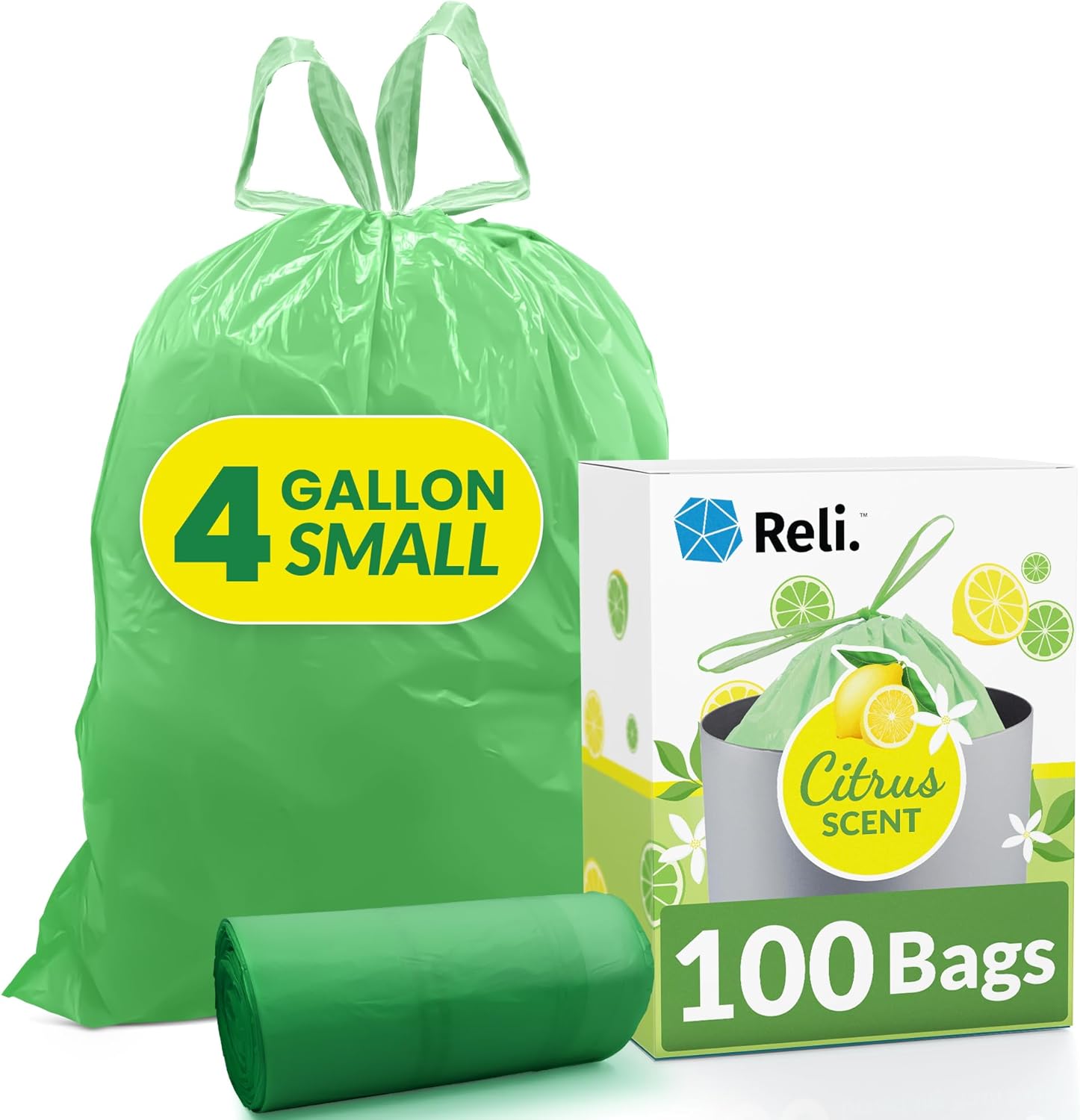Reli 4 Gallon Trash Bags - Citrus Scented Drawstring Liners for Small Trash Cans | 100 Count
