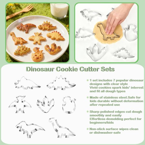 CUTENJOY New Dinosaur Cookie Cutter Set - 7 Piece Stainless Steel Fun Dino Cookie Cutter for Kitchen, Baking, Kids Dinosaur Birthday Party Supplies