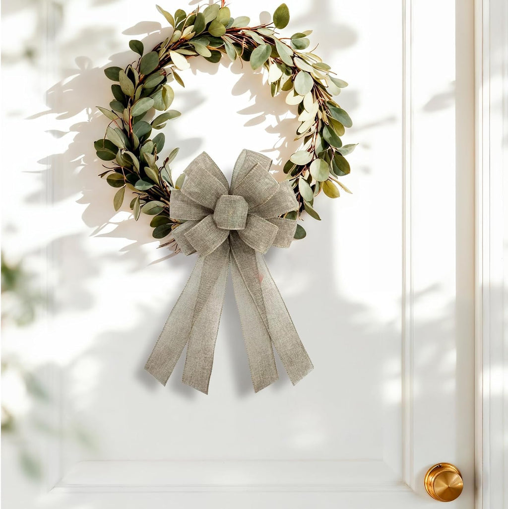 Natural Burlap Wreath Bow by Christmas | 20 x 11 Inches | Holiday Khaki Ribbon for Front Door Decor