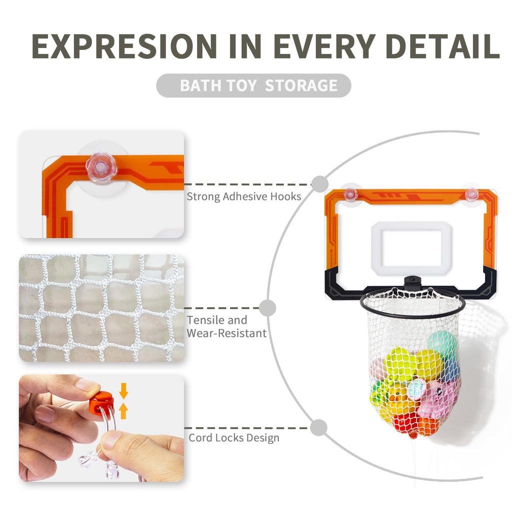 QPJ Baby Bath Toy Storage Organizer, Large Opening Mesh Bathtub Toy Storage for Tub, Bath Toy Holder for Quick Release of Toys for Bathroom, Basketball Hoop Design with Fun Bonus