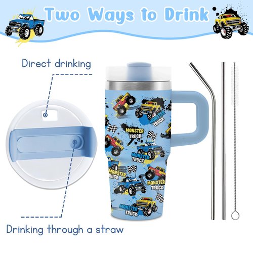14 oz Monster Truck Tumbler with Handle and Straw for Kids, Insulated Stainless Steel Travel Mug for Boys, Double Wall Vacuum Reusable Cup, Birthday Gifts for Boys