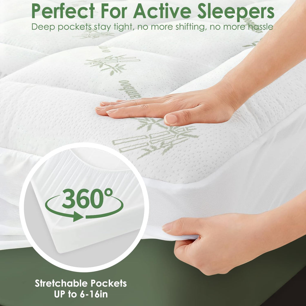 Skiennix Queen Mattress Topper - Cooling Bamboo Viscose Pillow Top - Soft & Breathable for Back Pain Relief - Green