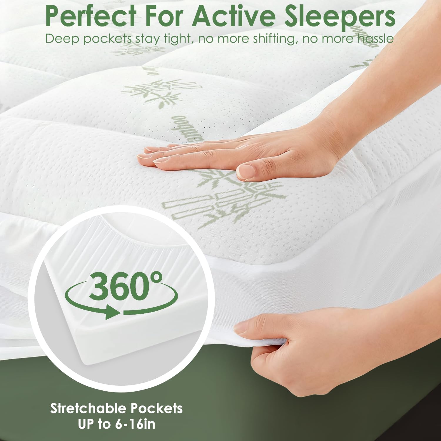 Skiennix Queen Mattress Topper - Cooling Bamboo Viscose Pillow Top - Soft & Breathable for Back Pain Relief - Green