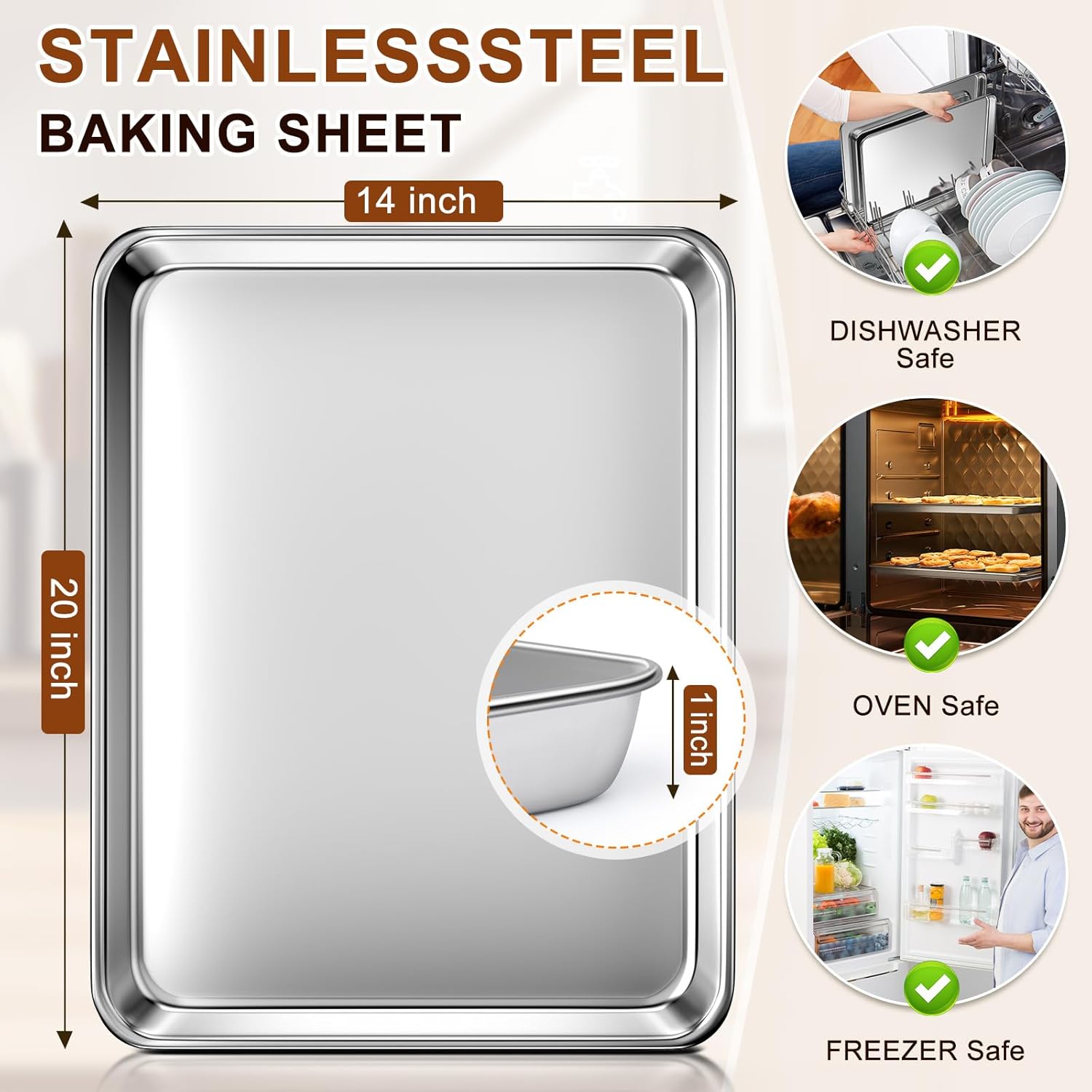 Skiennix Extra Large Stainless Steel Baking Sheet - Nonstick, Warp Resistant, Dishwasher Safe (20" x 14" x 1")