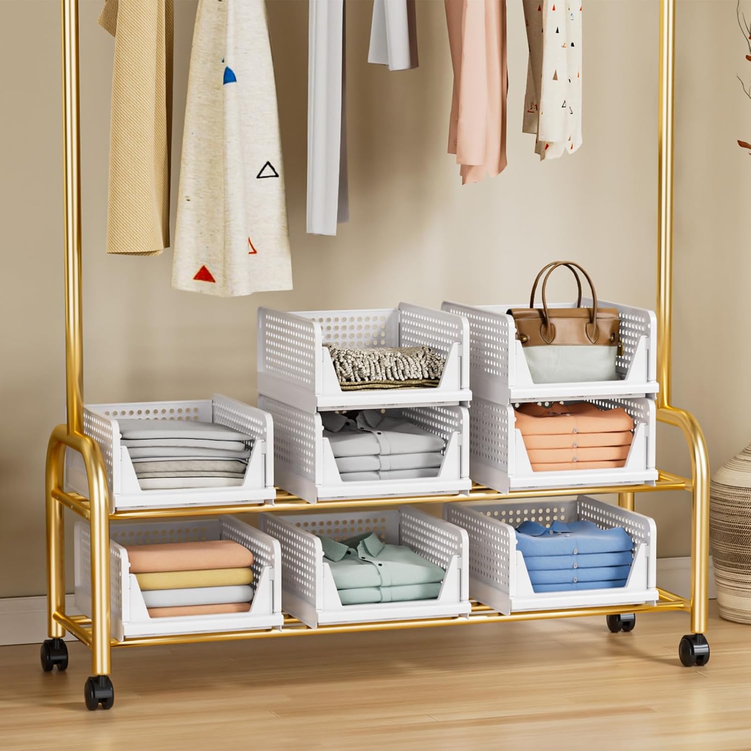 Skiennix Wardrobe Storage Organiser - 5 Pack Stackable Folding Closet Bins | Plastic Drawer Baskets in White