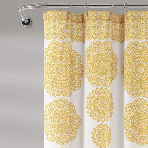 Lush Decor Stripe Medallion Shower Curtain-Fabric Mandala Bohemian Damask Print Design, 72" x 72", Yellow