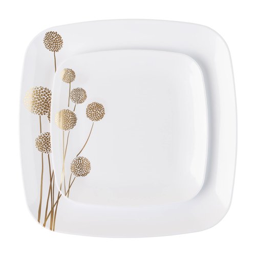 PLASTICPRO Square 128 Piece Combo Plates Set includes 64 x 7'' inch Salad Plates & 64 x 10'' inch Dinner Plates White Plastic with Gold Dandelion Design Party Plates, heavyweight Elegant,