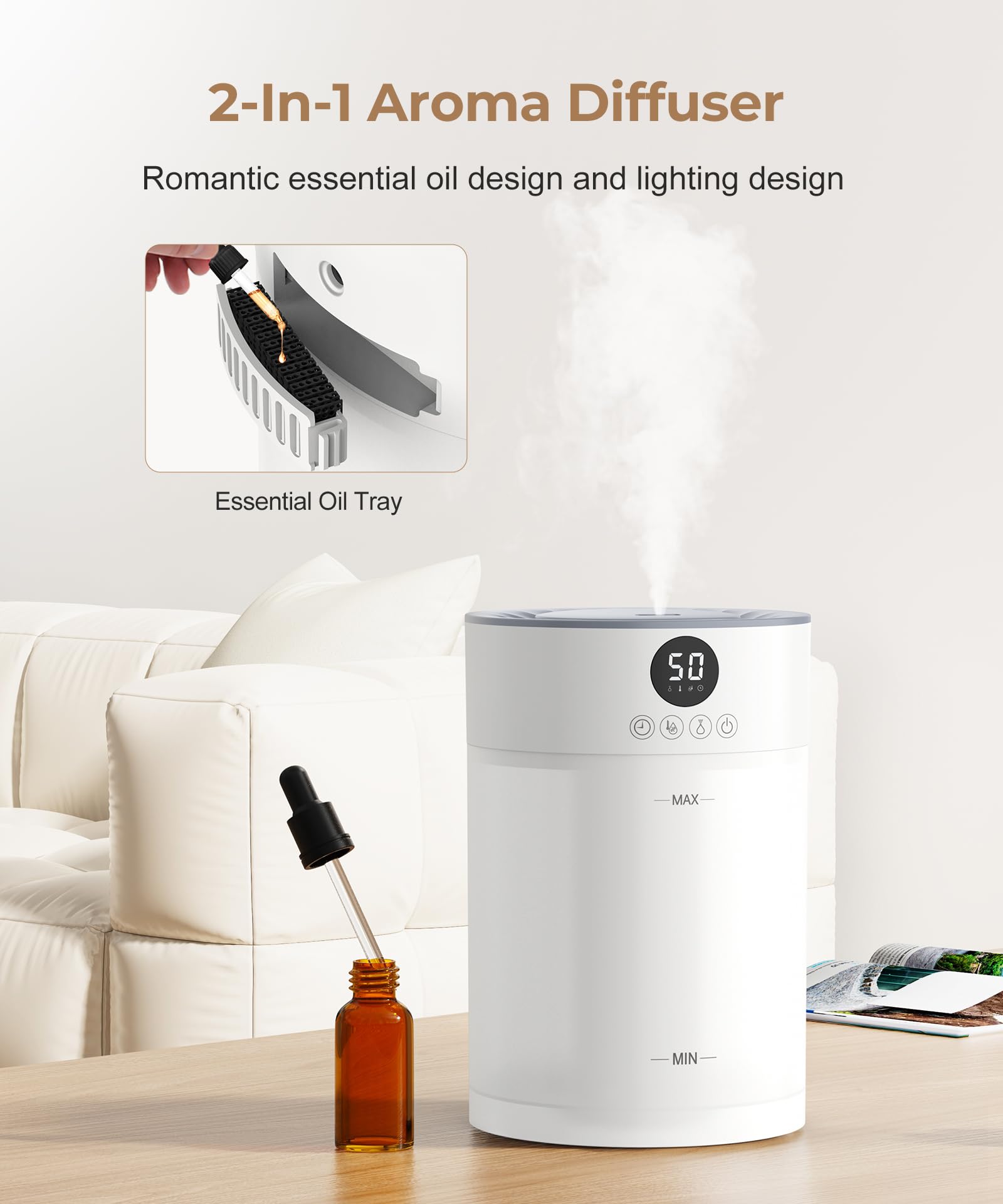 Abolee Humidifiers for Plants 4.5L Cool Mist with Essential Oil Diffuser, Humidifier Large Room, 24dB Quiet Air Humificador fit Baby Nursery & Bedroom, 360° Adjustable, Easy Fill & Cleaning (White)